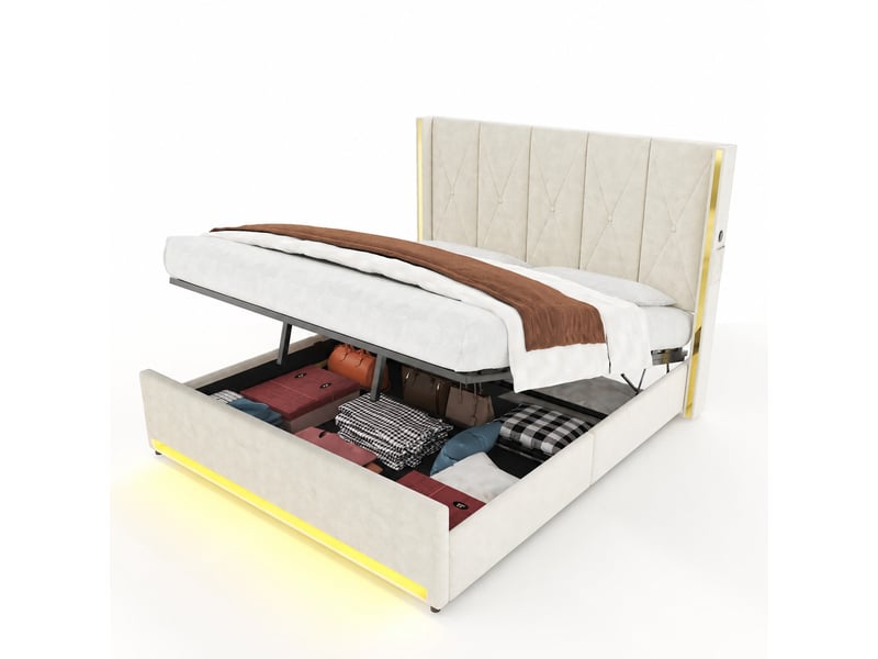  Lit coffre à relevage hydraulique, tête haute capitonnée, usb et usb-c, led, velours beige, 180x200 cm  - Conforama A