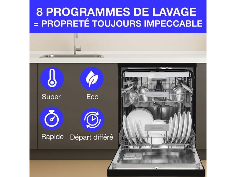 Lave-vaisselle pose libre continental edison - 15 couverts - largeur 59,8 cm - classe d - moteur induction - 39 db - noir CELV1539IB - Conforama B