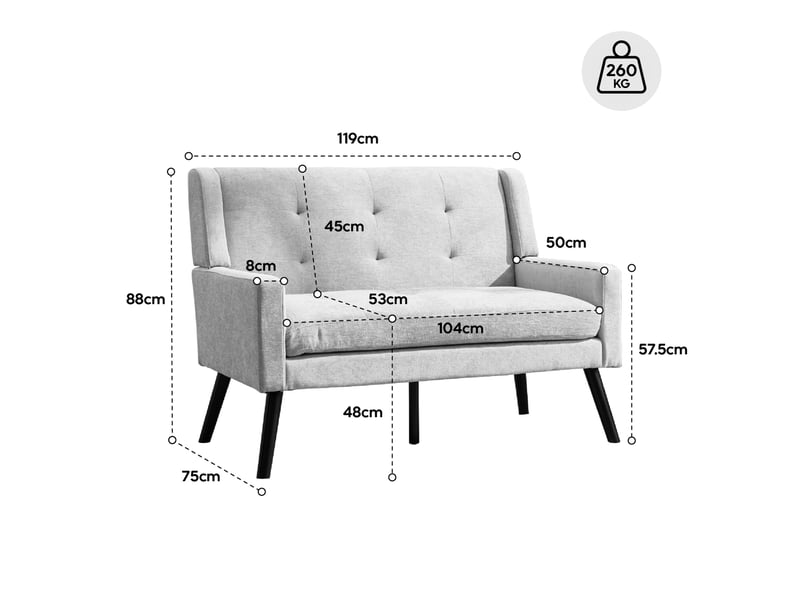  Canapé droit 2 places 119x75x88 cm, coussin haute densité, pieds en bois, pour salon, chambre et bureau, suède, café  - Conforama C