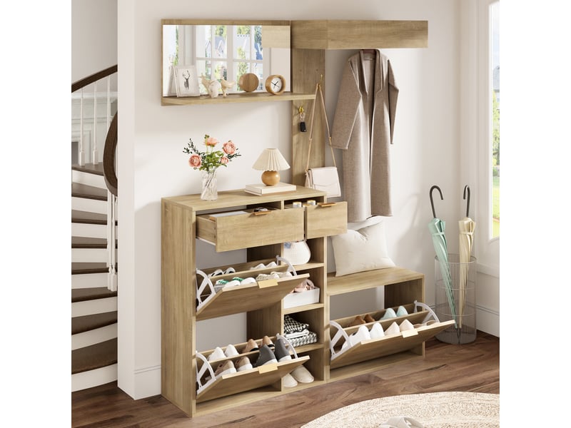  Ensemble vestiaire d’entrée 4 pièces, meuble à chaussures, banc, miroir mural et panneau, rangement complet, 130x30x174 cm  - Conforama E