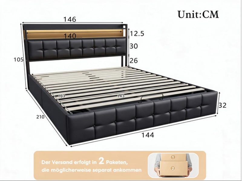  Lit coffre 140x190 cm ezssw, coloris noir  - Conforama C