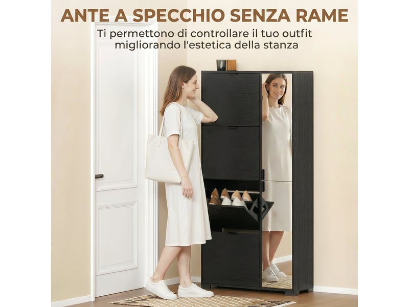  Meuble à chaussures moderne avec miroir, 4 tiroirs abattants, peut contenir jusqu'à 16 paires de chaussures, noir  - Conforama E