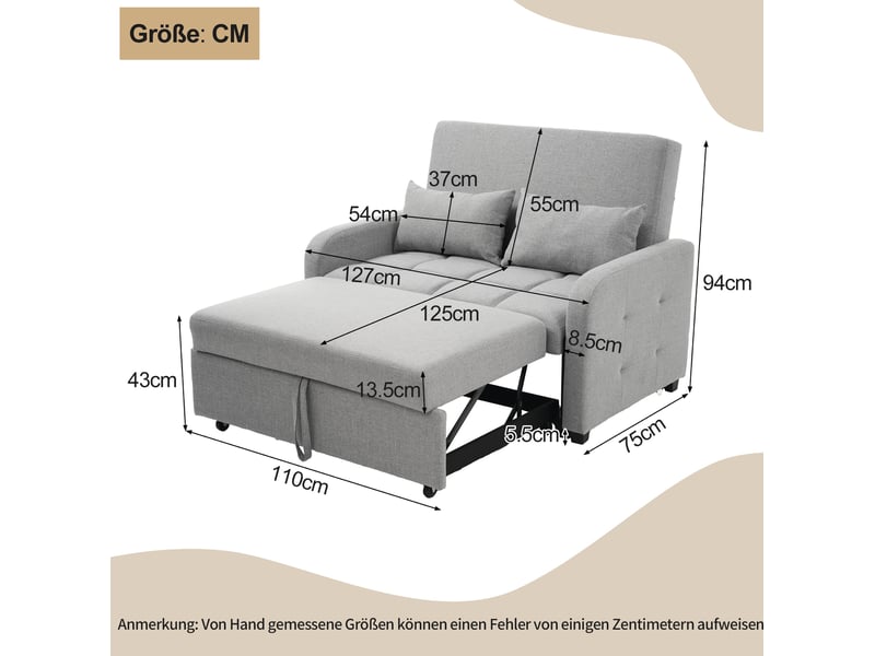  Canapé droit convertible 2 places en tissu gris, dossier réglable 3 positions et 2 coussins, gain de place  - Conforama C