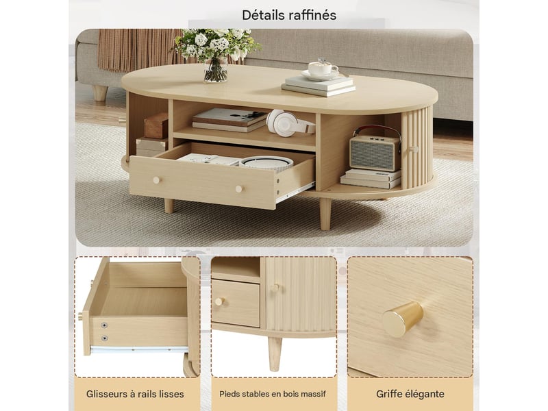  Table basse ovale en mdf couleur bois avec tiroir et rangement 100x50x36 cm - pangivo  - Conforama E