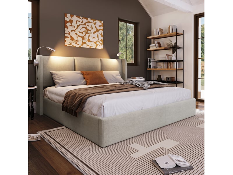  Modenvie lit coffre 140x200 cm - avec rangement, liseuse et ports usb, matelas inclus - beige  - Conforama D