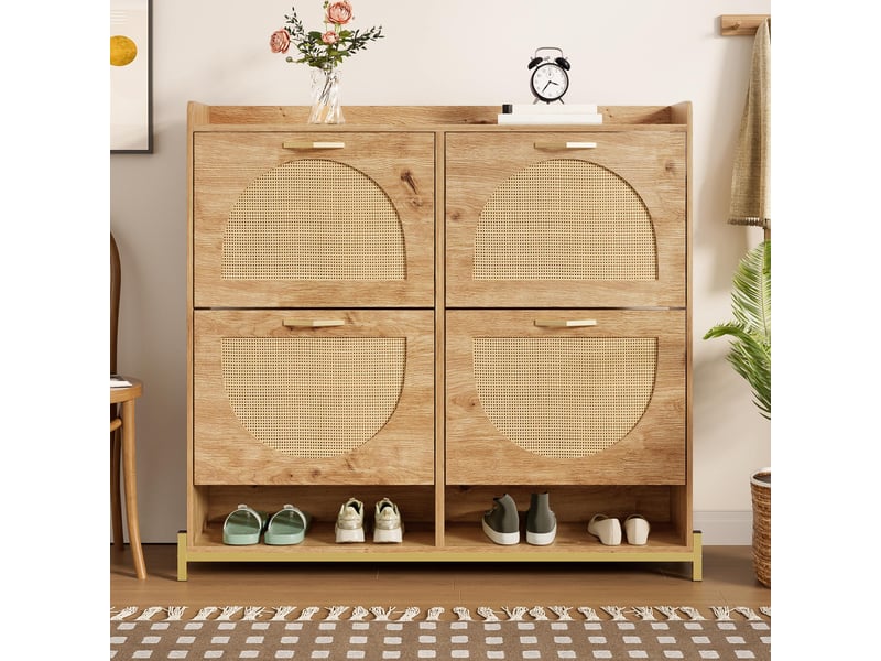  Meuble à chaussures 108,5x24x100 cm, 4 portes effet rotin, cadre métal et étagère haute, gain de place pour entrée et couloir - bois  - Conforama D
