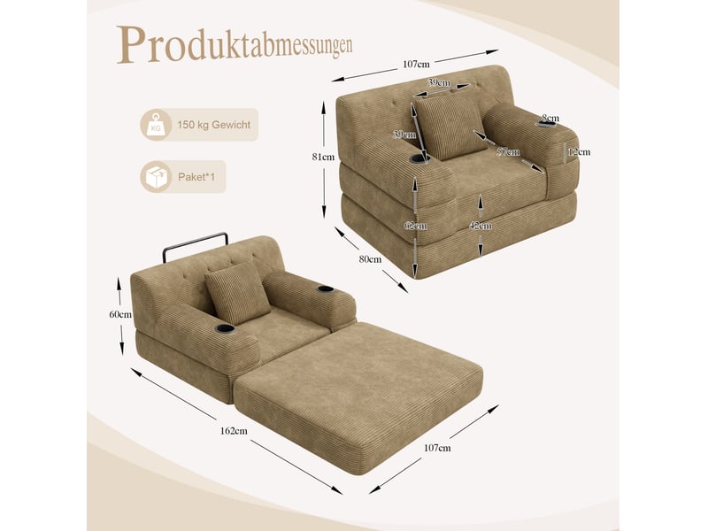 Canapé convertible 1 place 107x80 cm – taupe – dossier haut, rangements et porte-gobelets, sans montage  - Conforama C