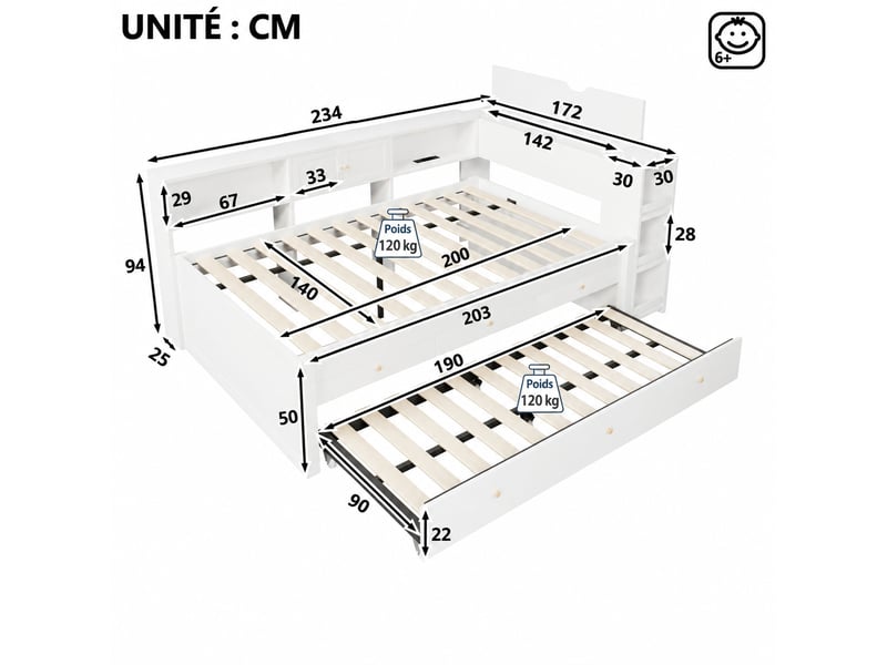 Lit gigogne 140x200 avec rangement, 3 tiroirs et port usb, blanc - Conforama C