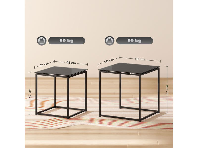  Tables gigognes en lot de 2 avec plateau en verre trempé et structure en acier, noir, pour salon  - Conforama D
