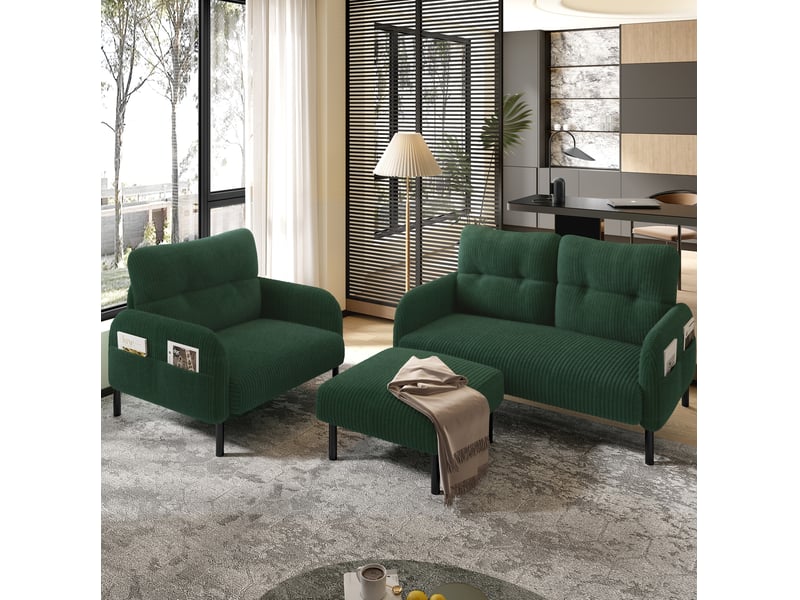 Fauteuil avec dossier ergonomique et poches latérales, en velours côtelé vert émeraude, 67 × 75 × 79 cm - Conforama C