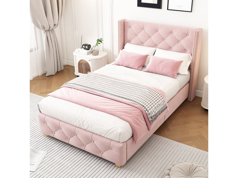  Lit simple capitonné 90x190 cm - avec sommier à lattes et tête de lit - capitonnage à boutons - tissu velours - gris (sans matelas)  - Conforama B