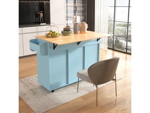 Desserte de cuisine bleue 139x46(71)x91,5 cm avec plateau rabattable, roulettes et finition bois massif