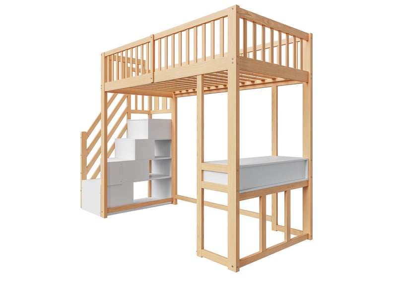  Lit mezzanine enfant 90x200 cm – blanc et bois clair – bureau multifonction et escalier de rangement – sans matelas  - Conforama E