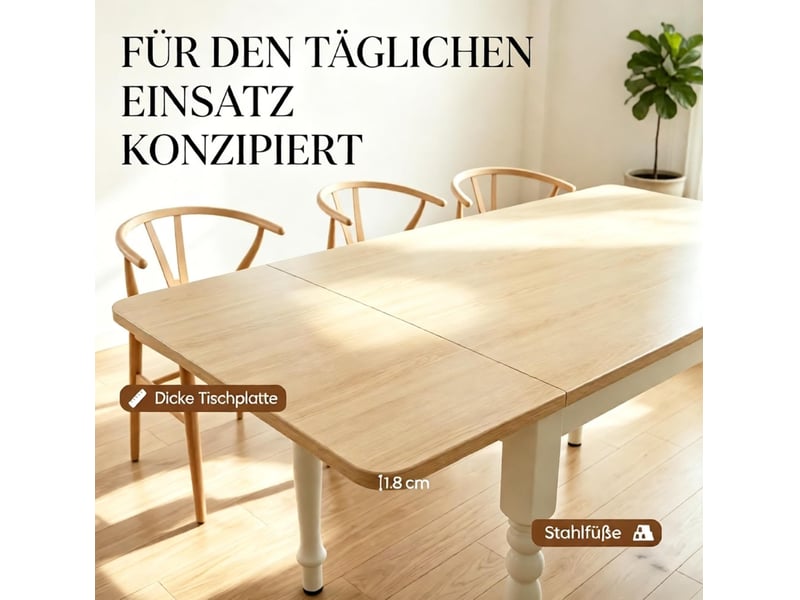  Table à manger extensible 134 x 80 cm – chêne et blanc – 2 rallonges en mdf, 2 à 6 personnes  - Conforama E