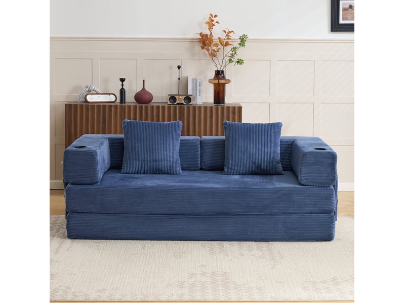 Canapé de sol convertible 185x92,5x60 cm 2 places pliable en velours côtelé bleu foncé - Conforama B