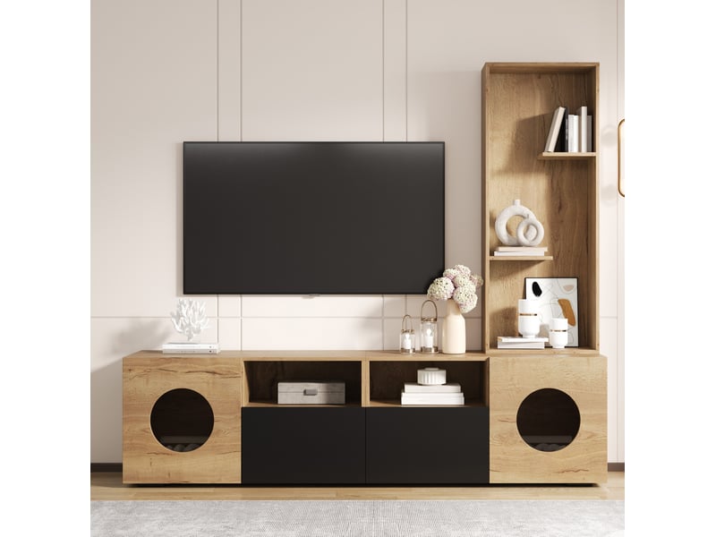  Meuble tv 185x40x162 cm avec rangement noir et naturel  - Conforama C