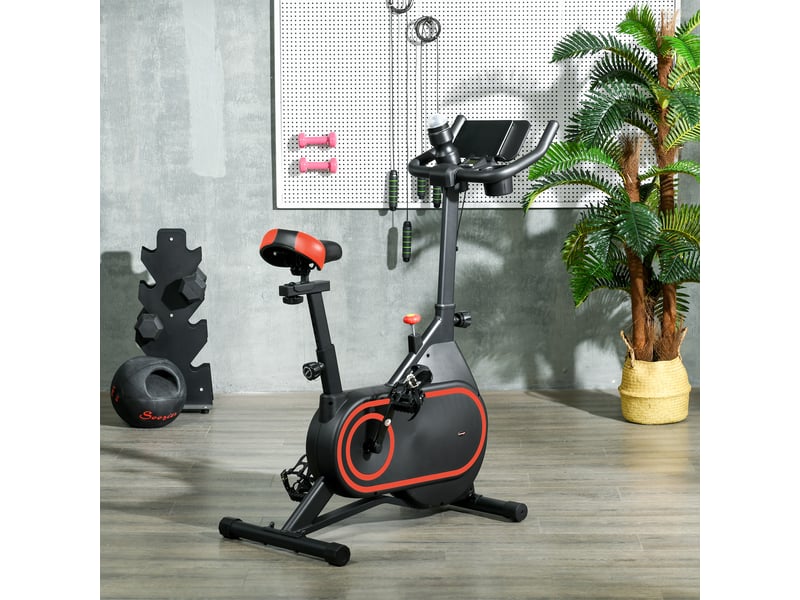  Vélo d'appartement avec volant d'inertie de 4 kg, résistance réglable, écran led, silencieux, selle réglable, rouge et noir  - Conforama D