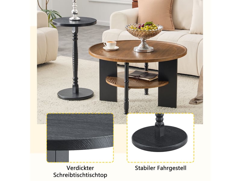 Table basse avec rangement forme ronde table de salon ensemble de 2 pièces panneau de fibres de bois rangement intégré table d'appoint assortie emballage individuel - Conforama D