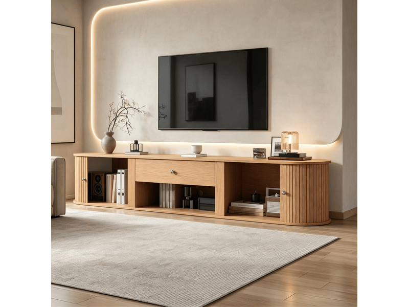  Meuble tv bas 180x40x40 cm avec 2 portes roulantes, 1 tiroir de rangement, structure panneau de particules, naturel  - Conforama D