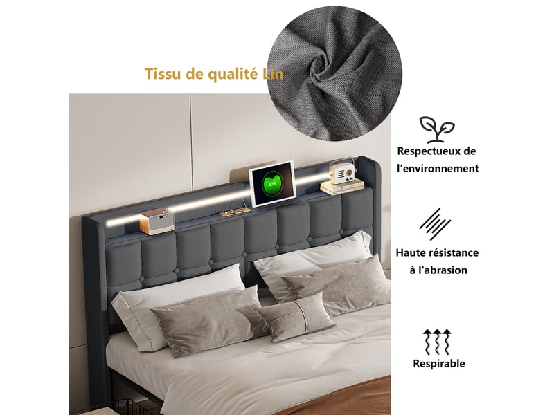  Lit 160x200cm - lit double rembourré 160x200cm queen size - led rgb usb prises et 4 tiroirs de rangement - design lin - gris  - Conforama D
