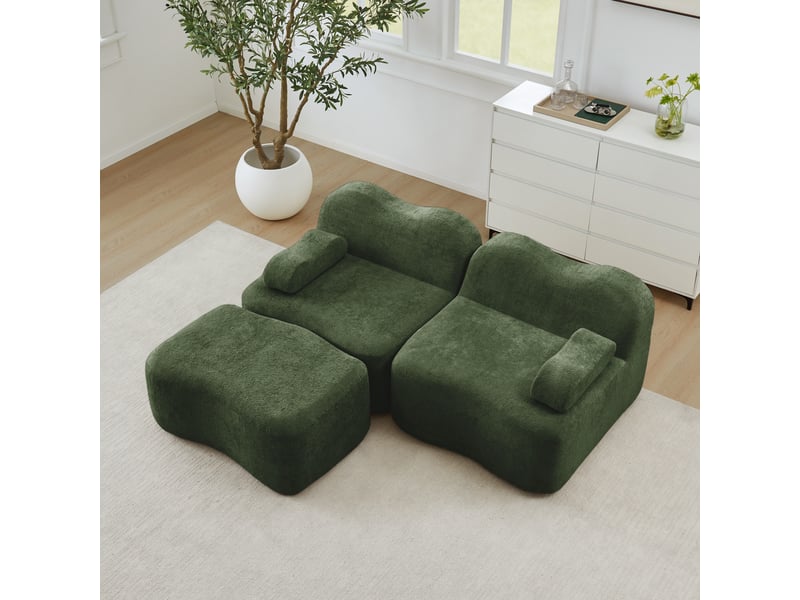  Canapé d’angle 2 places modulable vert en velours avec pouf assorti, forme ondulée, assise profonde pour salon et appartement  - Conforama C