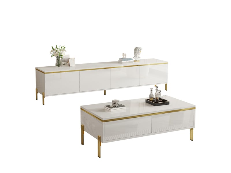  Ensemble meuble tv et table basse modenvie blanc 170 x 38 x 50 cm et 100 x 50 x 36 cm rangement finition brillante et détails dorés  - Conforama A