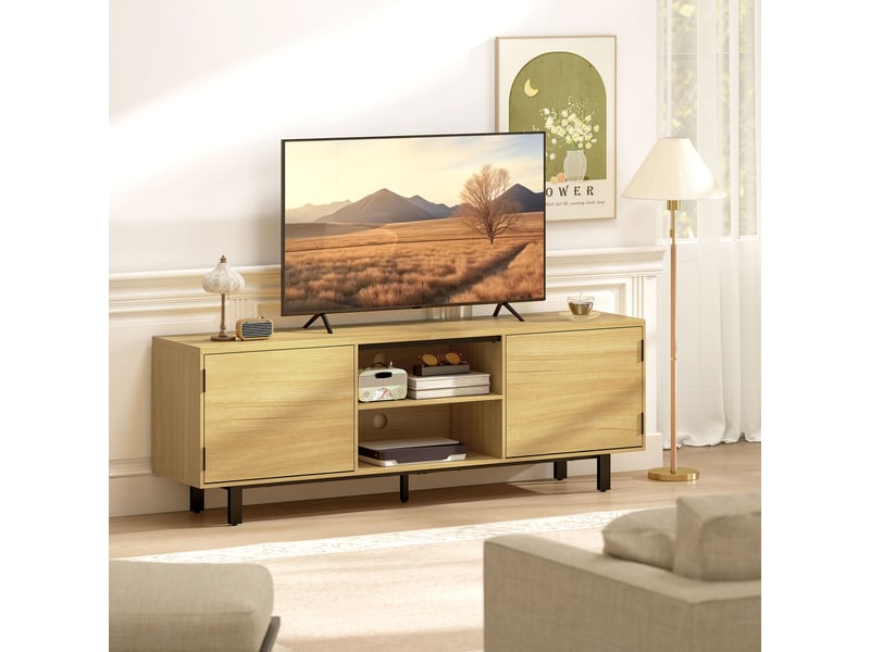  Meuble tv, meuble télé jusqu'à 65 pouces, 2 portes à ouverture par pression et 2 étagères, bois naturel, 160x35x55,5cm  - Conforama D