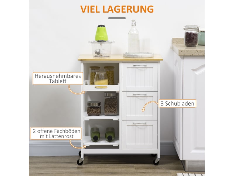  Desserte de cuisine à roulettes avec 3 tiroirs, plateau amovible et 2 étagères, en mdf blanc, 67 × 37 × 84 cm  - Conforama C