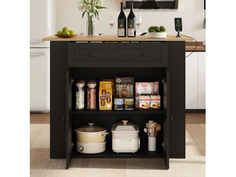  Desserte de cuisine avec 2 portes, 1 tiroir, étagères latérales et plan rabattable avec prises, 120 × 75 × 97 cm  - Conforama C