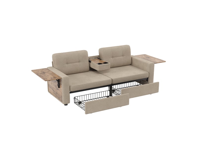  Canapé droit 2 places en chenille 178 x 71 cm avec rangement intégré, tablette rabattable, porte-gobelets et assise réglable - kaki  - Conforama A