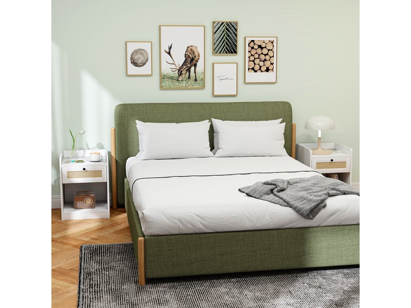  Ensemble de 2 tables de chevet avec tiroir et façade en rotin, 40 x 40 x 53 cm, blanches  - Conforama C