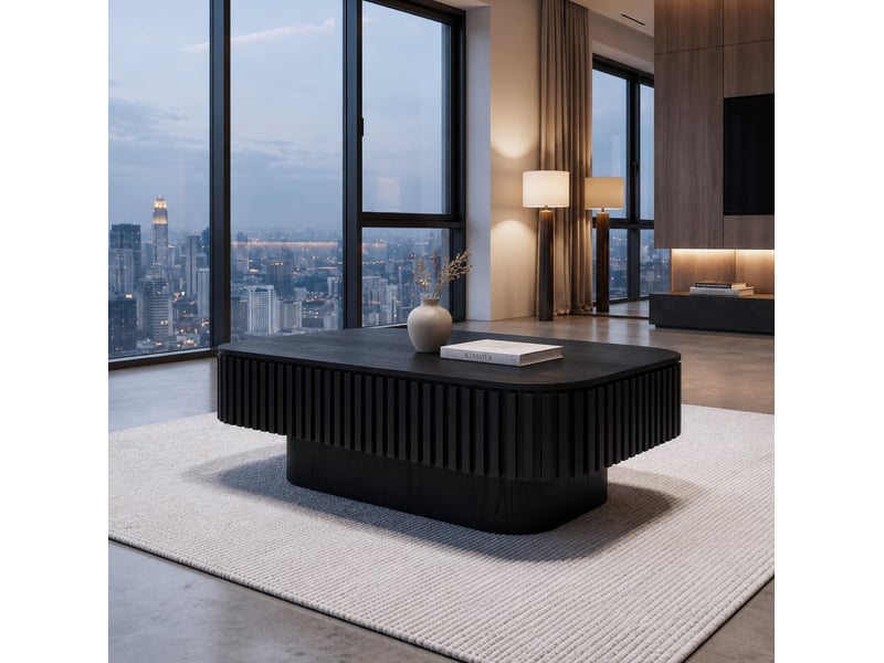 Table basse rectangulaire avec rangement caché, plateau amovible et finition nervurée noire en mdf 98 × 60 × 35 cm - Conforama D