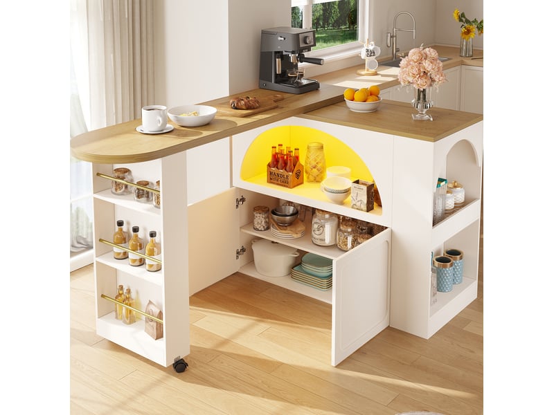  Table de bar extensible 135-205x39x100 cm roulettes frein led multicolore port usb rangement fermeture amortie mdf blanc  - Conforama B