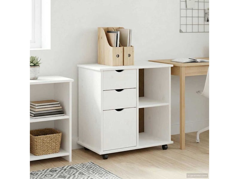Caisson roulant de bureau 63,5 x 39 x 65,5 cm bois de pin massif blanc - Conforama B