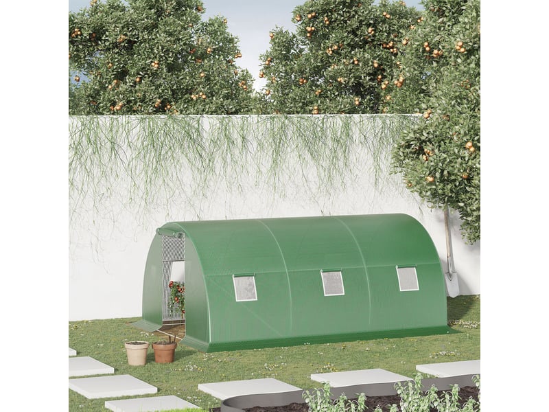  Serre de jardin tunnel 13,5 m² 6 fenêtres porte zippée enroulable châssis acier galvanisé bâche pe 4,5 x 3 x 2 m vert  - Conforama C