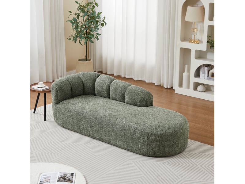 Chaise lounge moderne avec dossier courbe à ondes en velours chenille vert sauge, divan avec accent vert foncé, sofa sans accoudoirs confortable pour salon, chambre à coucher et recoin lecture  - Conforama D