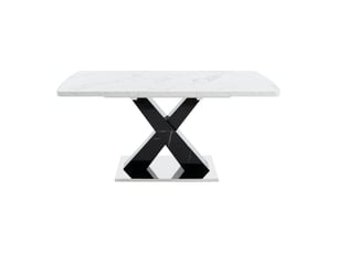 Table à manger extensible 120-160 x 80 cm, plateau mdf effet marbre blanc, piètement noir en x avec base métal, design moderne