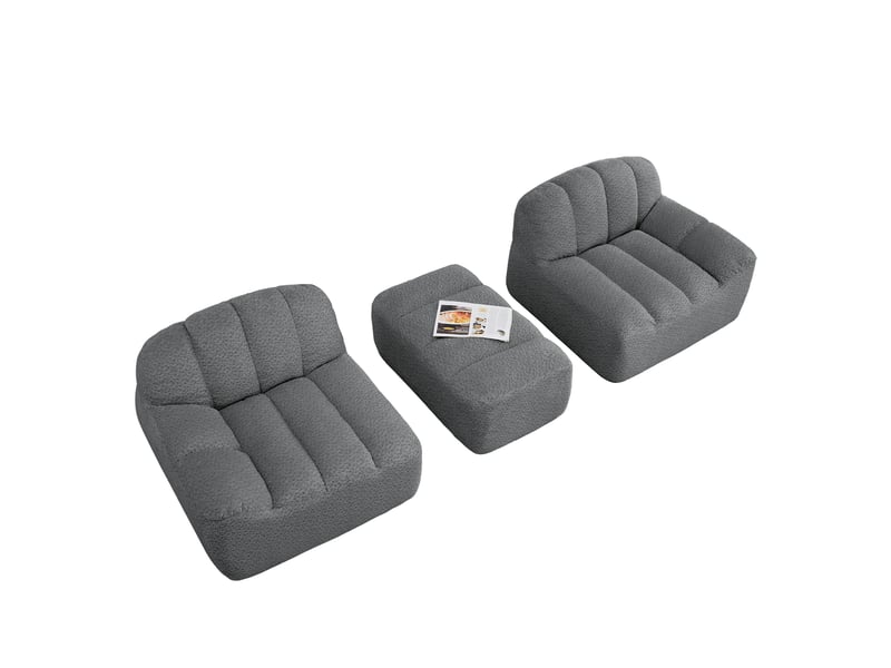  Canapé d'angle modulaire 2 places avec ottoman en tissu bouclette gris  - Conforama A