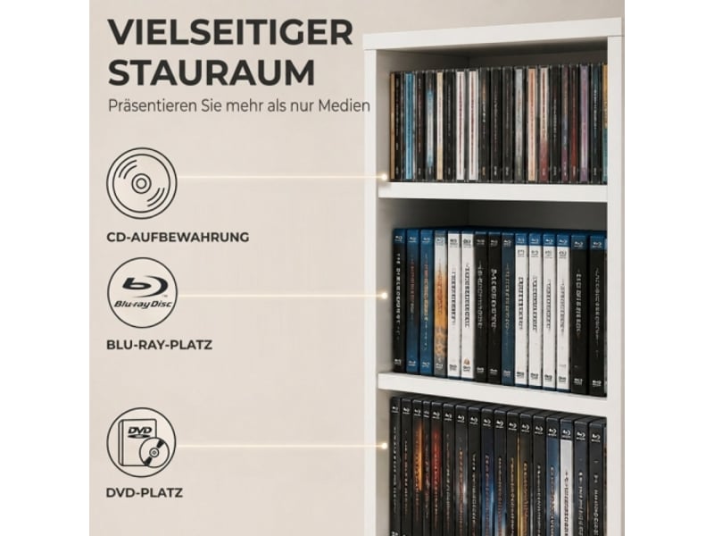 Meuble cddvd blanc 9 niveaux, 6 étagères réglables, capacité 260 cd, étroit et compact - Conforama E