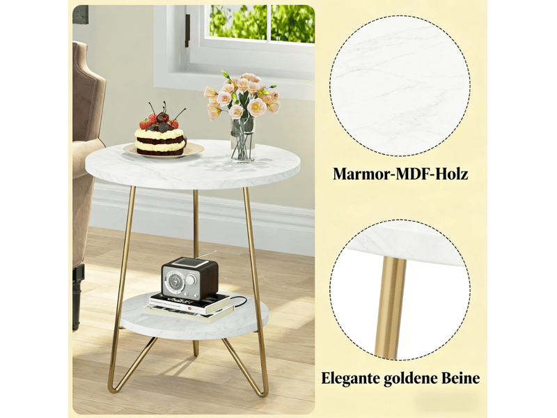  Table d'appoint ronde 48x48x55 cm à 2 niveaux métal or et blanc  - Conforama C
