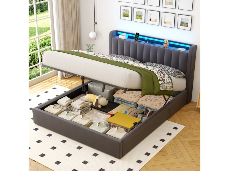 Lit coffre 2 places 160 x 200 cm cm avec led et usb, velours, gris foncé  - Conforama E