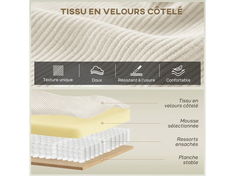  Canapé 3 places en velours côtelé 218 cm, canapé salon,  coussins à ressorts, larges accoudoirs, beige, 2 coussins  - Conforama D