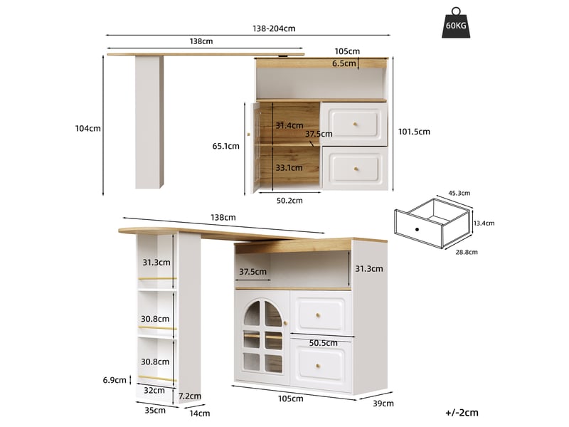 Îlot de cuisine rotatif 360° et meuble bar extensible blanc avec 2 tiroirs et porte en verre bombé, 138-204 cm - Conforama C