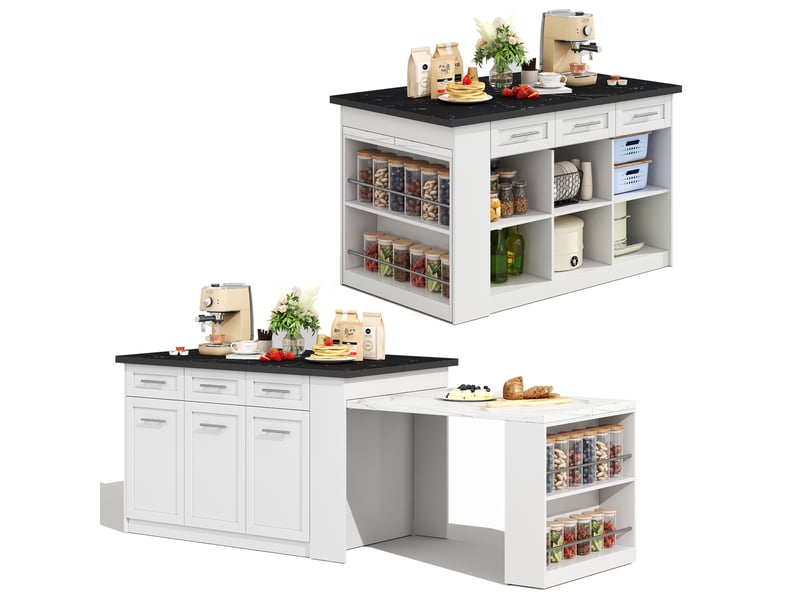  Îlot de cuisine 150x90x90 cm avec table coulissante 80x96 cm, 6 tiroirs, rangements réglables, plan effet marbre noir, table effet marbre blanc  - Conforama A