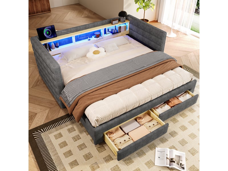  Lit de jour 90 × 190 cm avec led, usb et type-c, 2 tiroirs, rangements, sans matelas, gris, velours confortable  - Conforama E