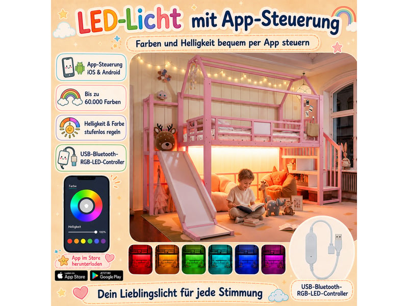  Lit mezzanine cabane enfant 90x200 cm, toboggan, escalier avec rangement, led bluetooth, métal et mdf, rose Radiant Stride - Conforama E