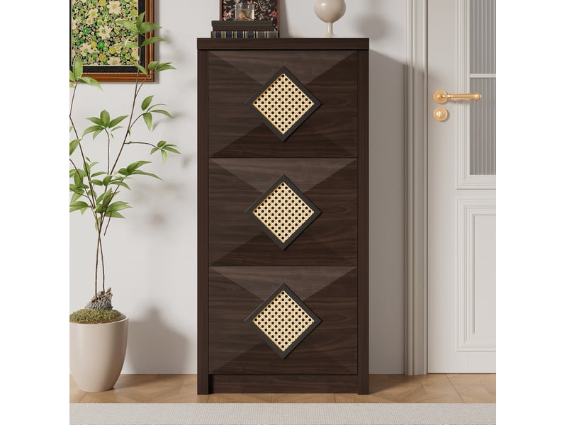 Meuble à chaussures avec 3 abattants et niche ouverte, style vintage, décor rotin, pour entrée, 54 × 25 × 115 cm  - Conforama B