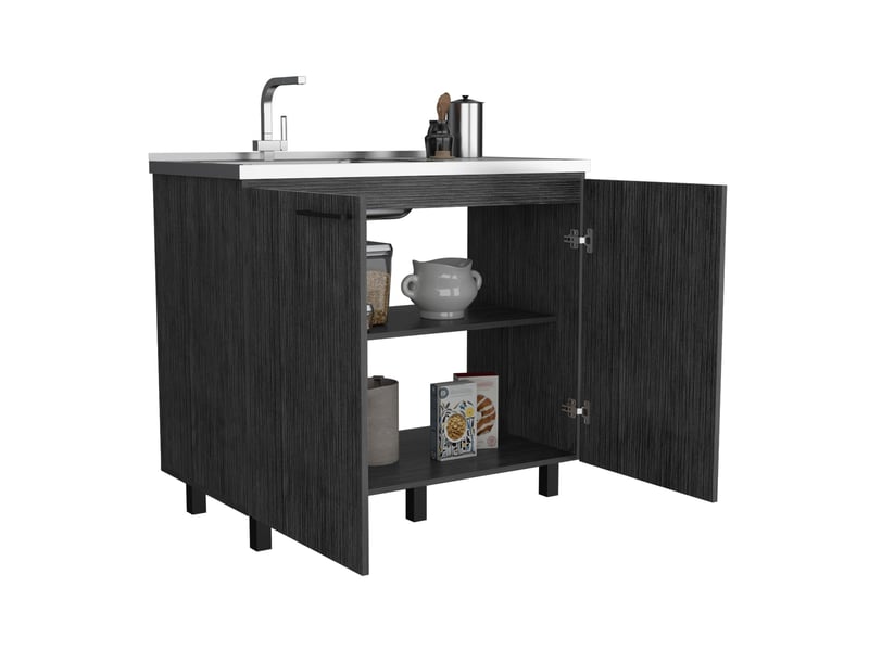  Meuble évier napoles de 100 cm avec évier en inox et 2 portes, chêne gris  - Conforama D