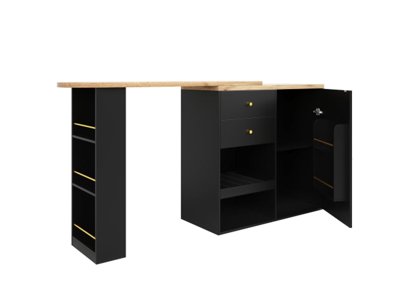  Table de bar extensible avec 2 tiroirs,1 porte ,2 niches et étagère latérale,pivotant à 360°,noir table noir - Conforama D