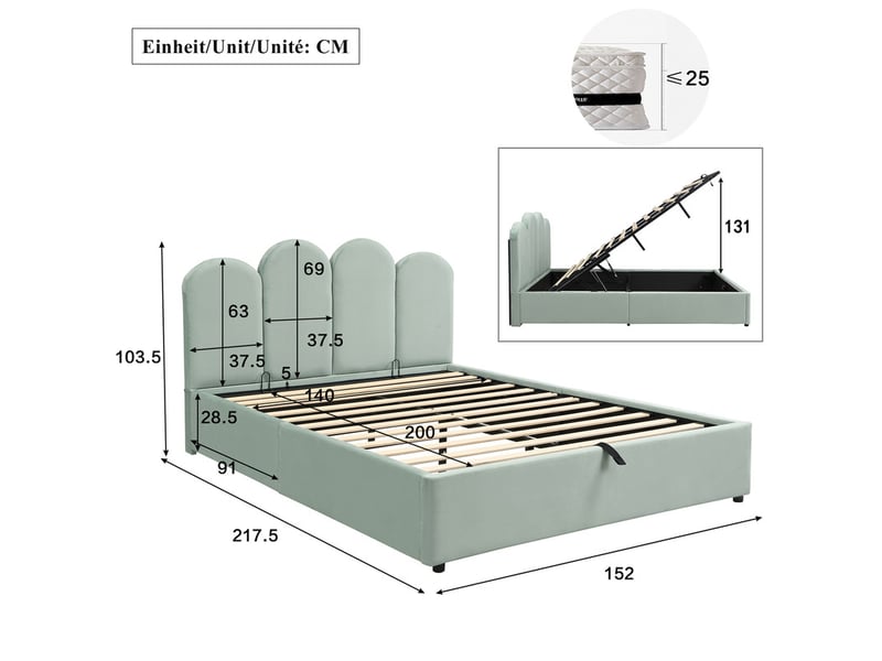 Lit rembourré 140 x 200cm, avec mécanisme hydraulique et coffre de rangement, tête de lit arrondie en velours, vert clair - Conforama C